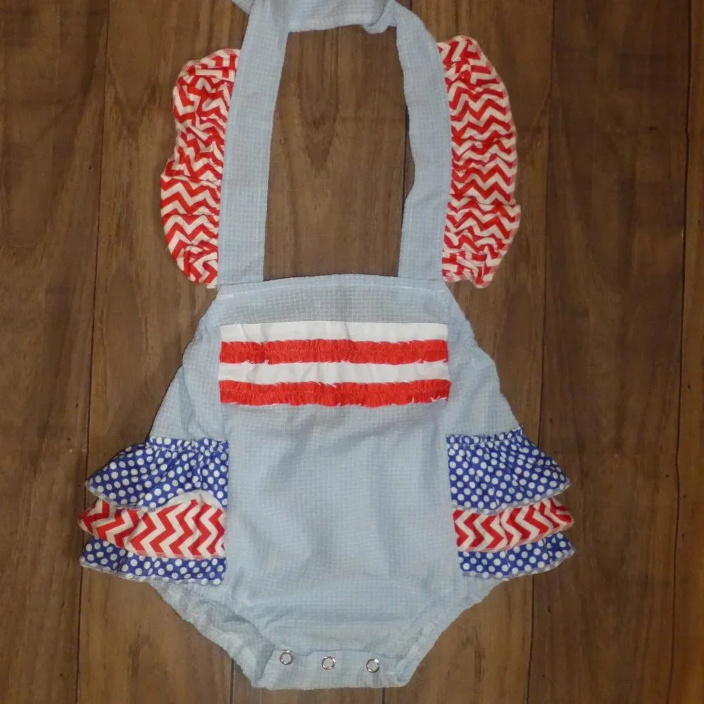 Boutique 4th of July Baby Girls Seersucker Bubble Romper Jumpsuit
